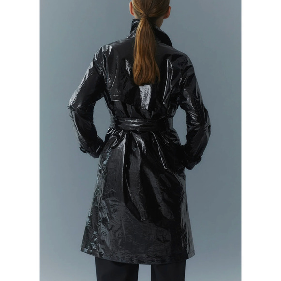 NWT Jane Post Military Trench Black Double Breasted Raincoat High Shine Black M - Picture 3 of 13